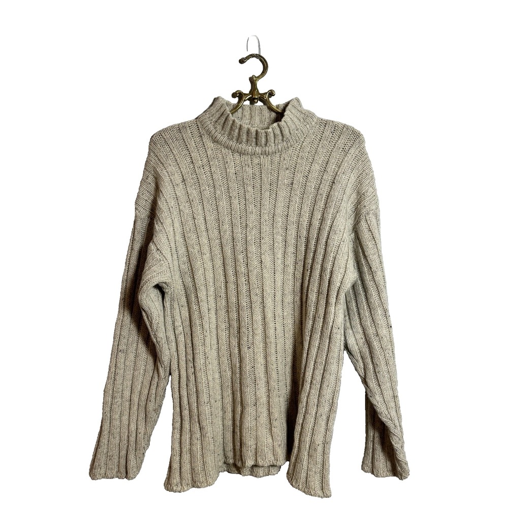 Robert Weldon Oatmeal Moch Neck Sweater ENGLAND Wool Silk Blend Cable Knit Large